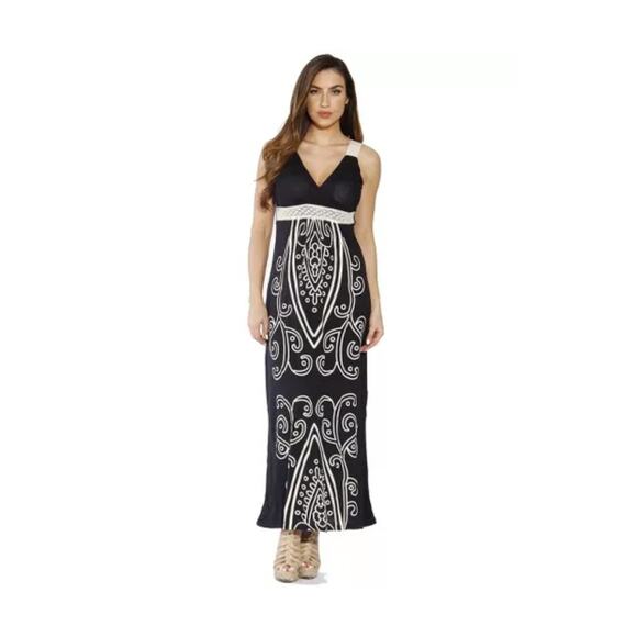 Just Love Puff Print Crochet Strap Black Maxi Dress Boho Spring Summer Size M - Picture 1 of 11